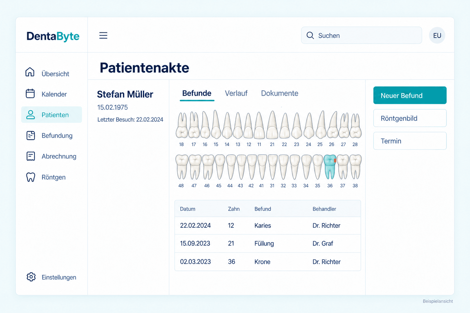 DentaByte Patientenakte — illustrative Softwareansicht