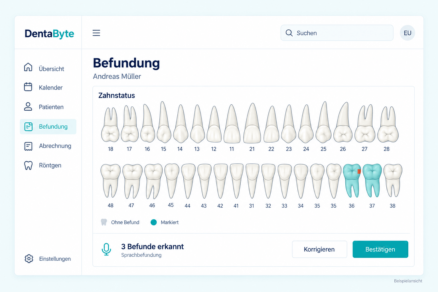 DentaByte Sprachbefundung mit Zahnschema — illustrative Softwareansicht